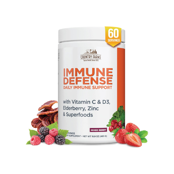 Country Farms Immune Defense Superfoods, Immune Support Supplement, Vitamin C with Black Elderberry, Echinacea, Turmeric, Supports Hydration, with Probiotics and Prebiotics, Berry Flavor, 60 Servings