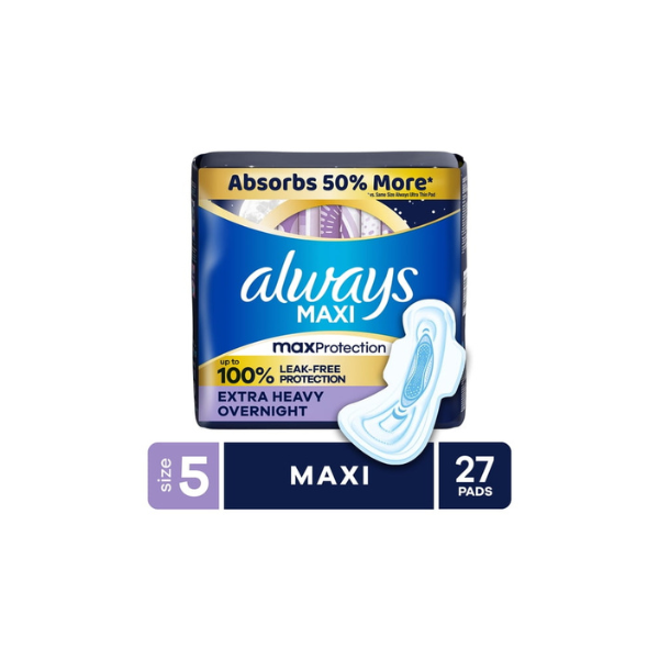 Always Maxi Pads with Wings, Size 5, Extra Heavy Overnight Absorbency, 27 CT