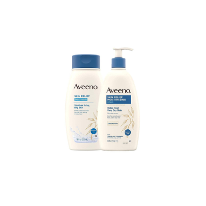 Aveeno Skin Relief Fragrance-Free Moisturizing Daily Body Wash, 18 oz & Skin Relief Fragrance-Free Moisturizing Body Lotion for Sensitive Skin, 18 oz