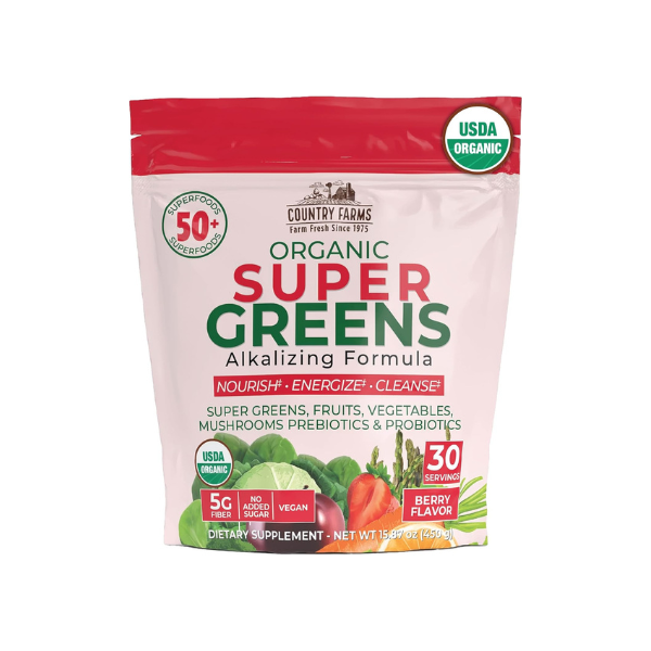 Country Farms Super Greens Berry Flavor, 50 Organic Super Foods, USDA Organic Drink Mix (Wheat Grass, Spirulina, Chlorella) Mushrooms & Probiotics, with Fiber, Gut Health, Natural Energy, 30 Servings