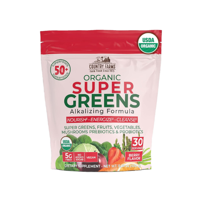 Country Farms Super Greens Berry Flavor, 50 Organic Super Foods, USDA Organic Drink Mix (Wheat Grass, Spirulina, Chlorella) Mushrooms & Probiotics, with Fiber, Gut Health, Natural Energy, 30 Servings