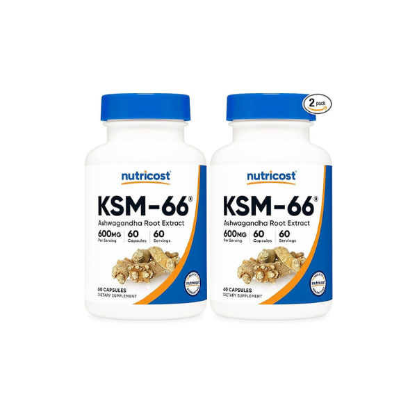 Nutricost KSM-66 Ashwagandha Root Extract 600mg, 60 Veggie Caps - 5% Withanolides - with BioPerine - Full-Spectrum Root Extract (Pack of 2)