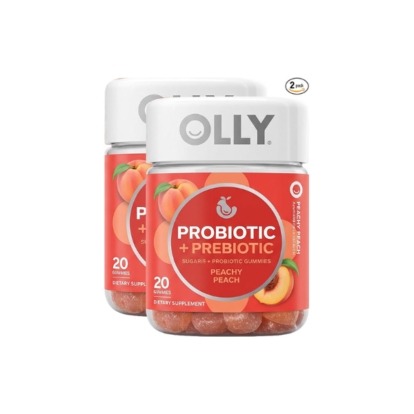 OLLY Probiotic + Prebiotic Gummy,Digestive Support and Gut Health,500 Million CFUs,Fiber,Adult Chewable Supplement for Men and Women,Peach,60 Day Supply -,60 Count (Pack of 2)