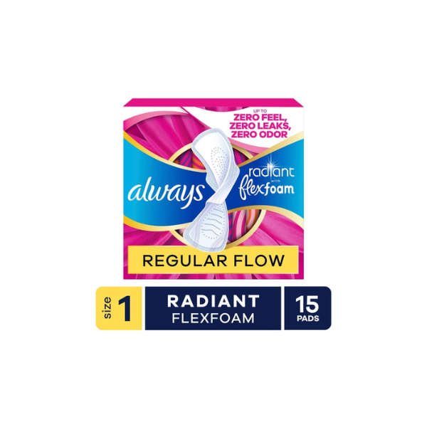 Always Radiant with FlexFoam Pads, Size 1, Regular, Wings, 15 Count