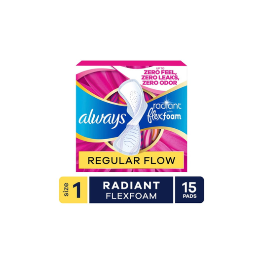 Always Radiant with FlexFoam Pads, Size 1, Regular, Wings, 15 Count