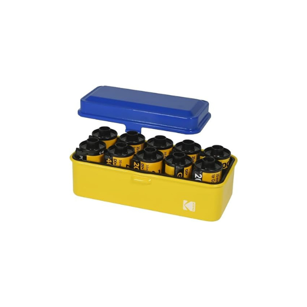 KODAK 120/135 Film Case - for 8 Rolls of 120 Films / 10 Rolls of 35mm Films - Retro Steel Case to Sort & Safeguard Film (Blue Top/Yellow Body)