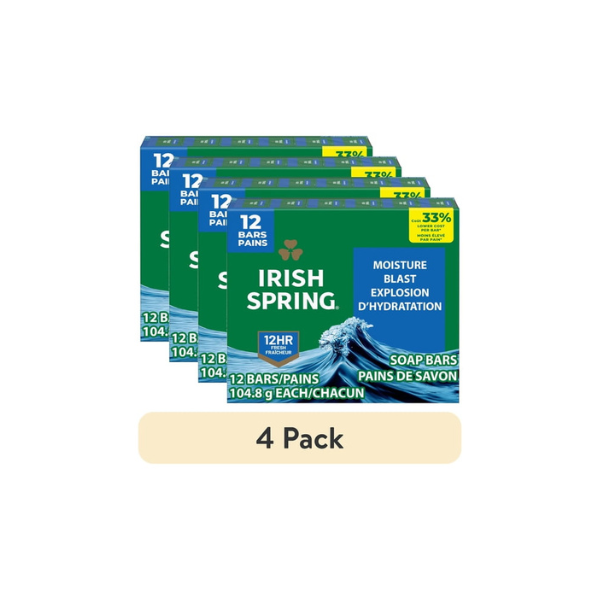 (4 pack) Irish Spring Moisture Blast Deodorant Bar Soap for Men, 3.7 oz Bar (12 Pack)