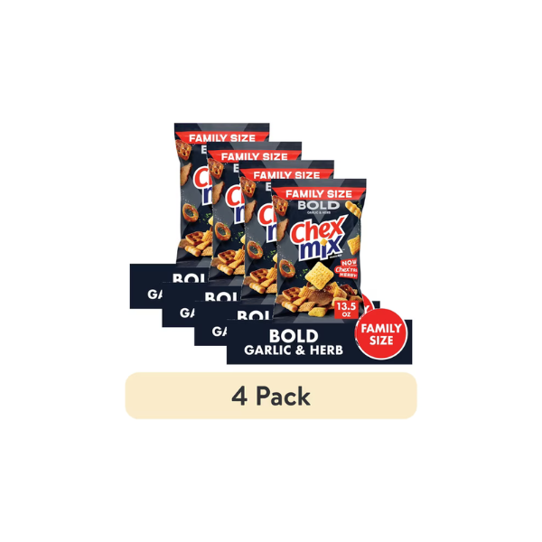 (4 pack) Chex Mix Bold Garlic and Herb Snack Mix, Family Size, Snacks, 13.5 oz
