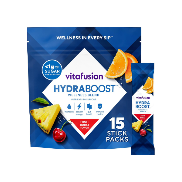 Vitafusion Hydraboost Drink Powder Packets, Electrolytes Support Daily Hydration, Vitamins Support Cellular Energy & Immune Health, Prebiotic Fiber Supports Gut Health, Fruit Burst, 15 Sticks