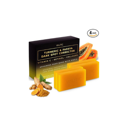 VALITIC Papaya and Turmeric Kojic Acid Soap Bar for Dark Spots, 4 Pack