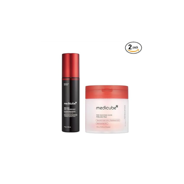medicube Red Exfoliation & Tone-Care Duo: Red Body Peeling Shot and Red Succinic Acid Panthenol Facial Peeling Pads