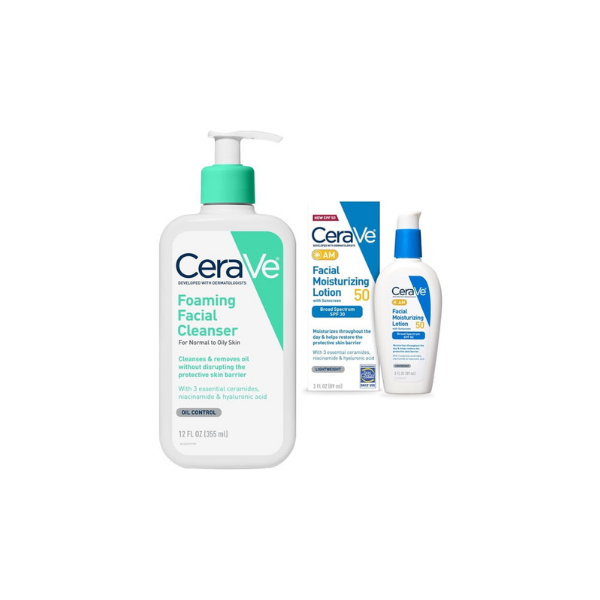 CeraVe Foaming Facial Cleanser and AM Facial Moisturizing Lotion SPF 50 Bundle, Normal to Oily Skin