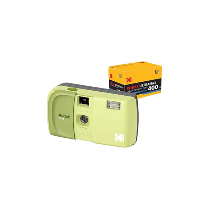 KODAK EC35 35mm Film Camera 35mm, Reusable, Focus-Free, Built-in Flash, Slide Cover, Beginner Friendly (Avocado Green) Bundle with Kodak Ultramax 400/24EXP 35mm Roll Film