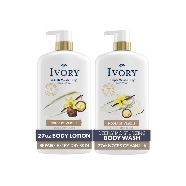 Ivory Hand & Body Lotion + Body Wash Bundle, Vanilla Scent, 24hr Moisturizing & Nourishing Hydration, Repairs and Soothes Extra Dry & Itchy Skin, Made with Shea Butter Blend, 27 fl oz (Pack of 2)