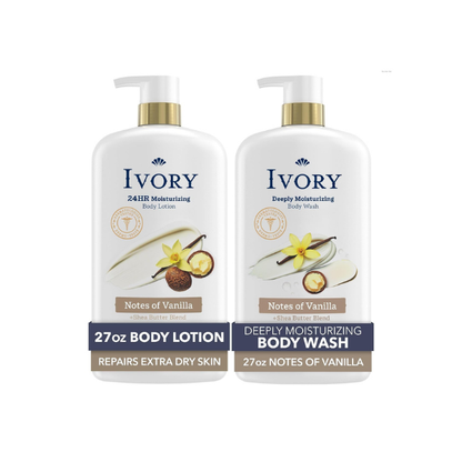 Ivory Hand & Body Lotion + Body Wash Bundle, Vanilla Scent, 24hr Moisturizing & Nourishing Hydration, Repairs and Soothes Extra Dry & Itchy Skin, Made with Shea Butter Blend, 27 fl oz (Pack of 2)