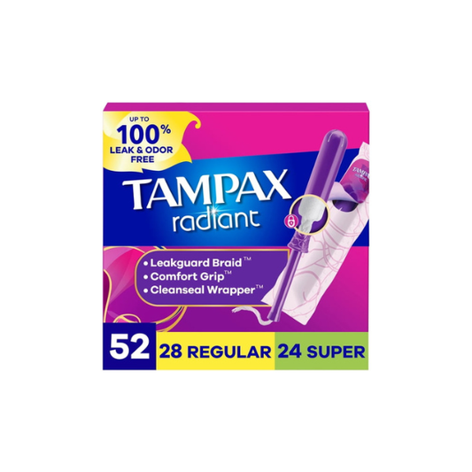 Tampax Radiant Tampons Multipack, with LeakGuard Braid, Regular/Super, 52 Count