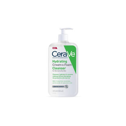 CeraVe Face Wash Hydrating Cream-to-Foam Cleanser Makeup Remover Hyaluronic Acid Fragrance Free 12 fl oz