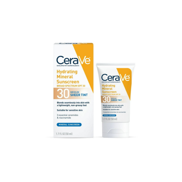 CeraVe Sunscreen Tinted Hydrating 100% Mineral Broad-Spectrum Lotion SPF 30 for Face with Sheer Tint