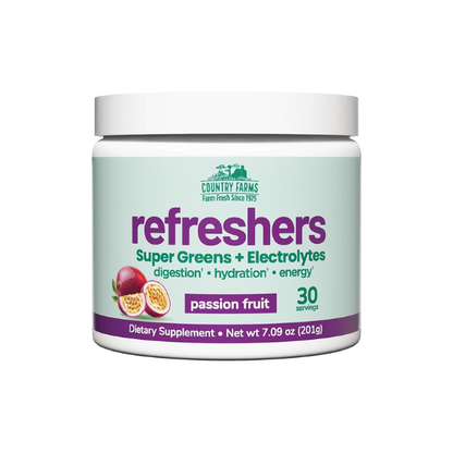 Country Farms Refreshers, Super Greens and Electrolytes, Essential Minerals and Superfoods, Hydration Support, Promotes Natural Energy, with Fiber, Passion Fruit, 30 Servings