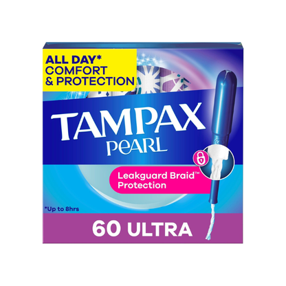 Tampax Pearl Tampons for Women, with LeakGuard Braid, Ultra Absorbency, Unscented, 60 Count