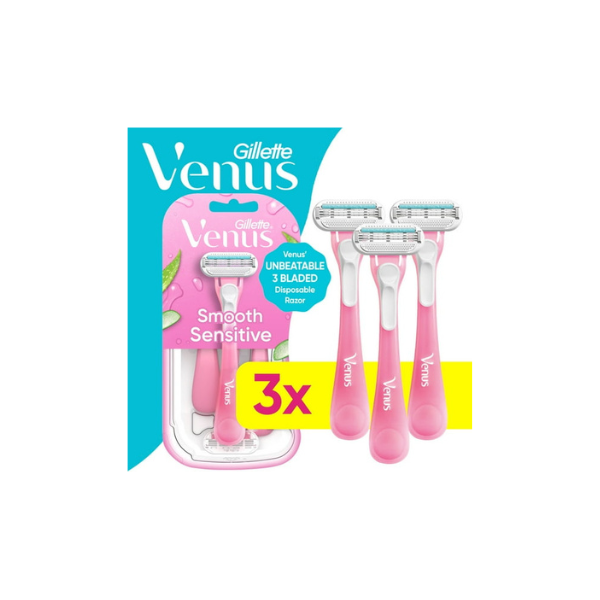 Venus Sensitive Women's 3 Blade Disposable Razor, 3 count, Pink