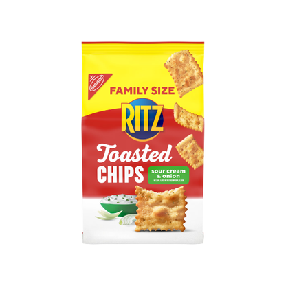 (3 pack) RITZ Toasted Chips Sour Cream and Onion Crackers, Party Snacks, Family Size, 11.4 oz