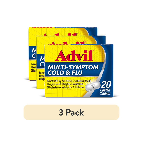 (3 pack) Advil Multi-Symptom Cold and Flu Medicine Fever Reducer Coated Tablets, 20 Count