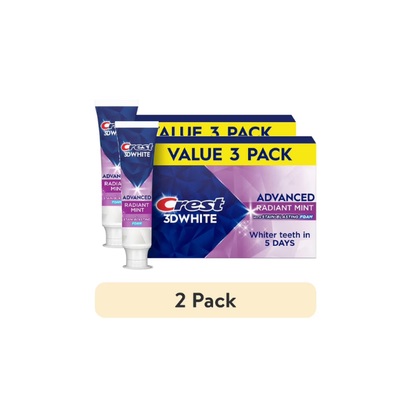 (2 pack) Crest 3DWhite Advanced Whitening Toothpaste, Radiant Mint, 3.3 oz, 3 Pack