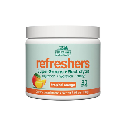 Country Farms Refreshers, Super Greens and Electrolytes, Essential Minerals and Superfoods, Hydration Support, Promotes Natural Energy, with Fiber, Tropical Mango, 30 Servings