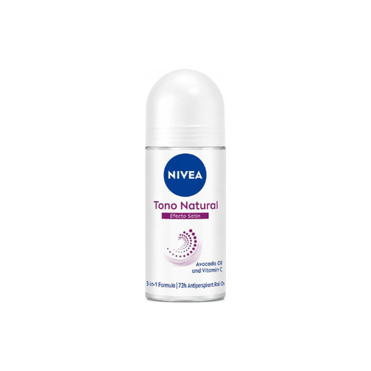 NIVEA Aclarado Tono Natural Efecto Satin Roll-On Deodorant 50ml (1.69 fl oz) – 72H Odor Protection, Avocado Oil & Vitamin C, Smooth Underarm Care, USA Version (English Label)