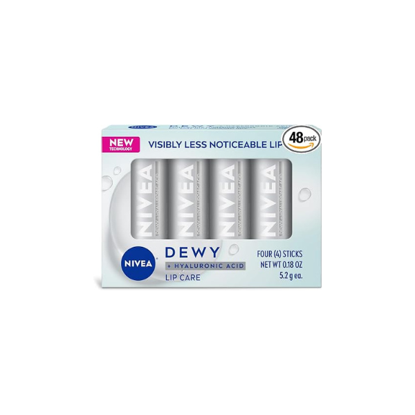 NIVEA Dewy Lip Balm with Hyaluronic Acid, Lightweight and Ultra-Hydrating for All Day Moisture, Leaves Visibly Less Noticeable Lip Lines and No Waxy Feel, 0.18 Oz, Pack of 48