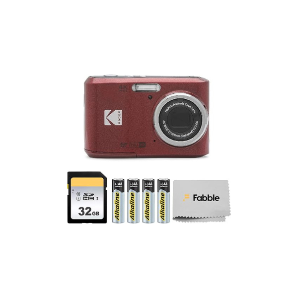 KODAK PIXPRO FZ45 16MP Digital Camera with 4X Optical Zoom 27mm Wide Angle and 2.7" LCD Screen Bundle with 32GB SD Memory Card, AA Batteries (4 Pack), Lens Cleaning Cloth (Red)