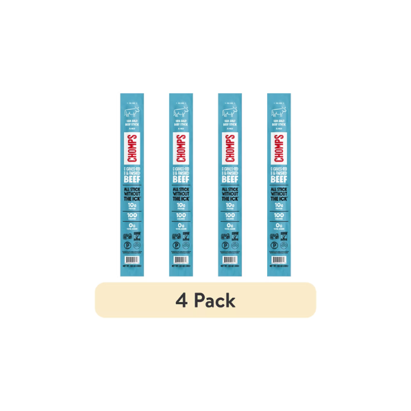 (4 pack) Chomps Grass-Fed and Finished Sea Salt Beef Jerky Meat Snack, 1.15oz Stick