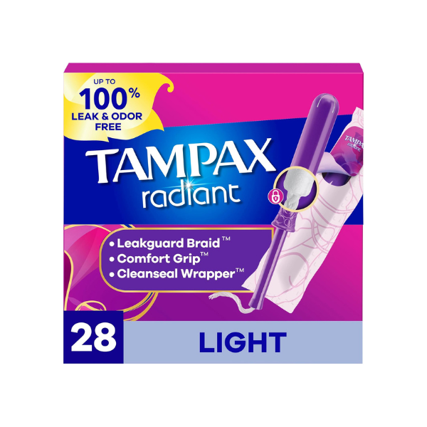 Tampax Radiant Tampons Light Absorbency with BPA-Free Plastic Applicator and LeakGuard Braid, Unscented, 28 Count, Packaging May Vary