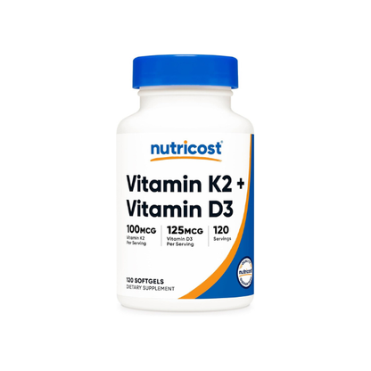 Nutricost Vitamin D3 + K2 (5000 IU D3 / 100mcg MK7) 120 Softgels, GMO-Free