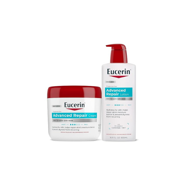 Eucerin Advanced Repair Body Lotion, Unscented Body Lotion for Dry Skin, 16.9 Fl Oz Pump Bottle & Advanced Repair Body Cream, Fragrance Free Body Cream for Dry Skin, 16 Oz Jar