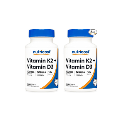 Nutricost Vitamin K2 (MK7) (100mcg) + Vitamin D3 (5000 IU) 120 Softgels - Gluten Free and Non-GMO (Pack of 2)