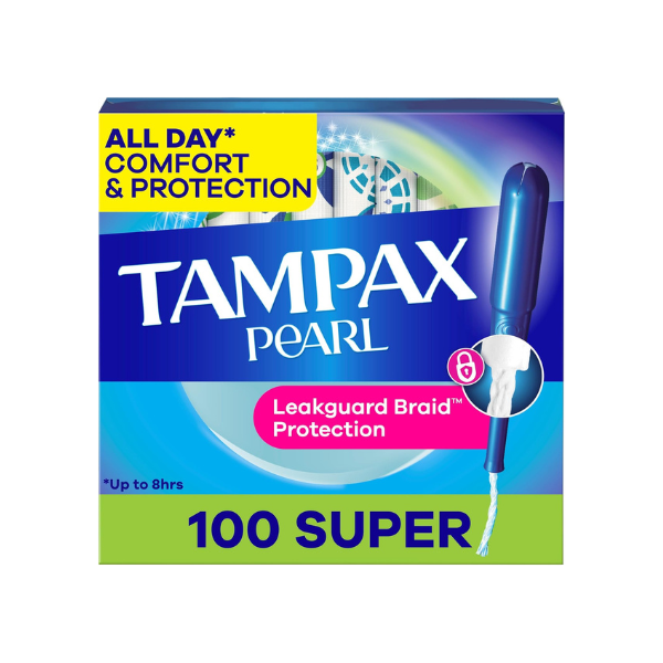 Tampax Pearl Tampons for Women, with LeakGuard Braid, Super Absorbency, Unscented, 100 Count (2 Packs of 50)