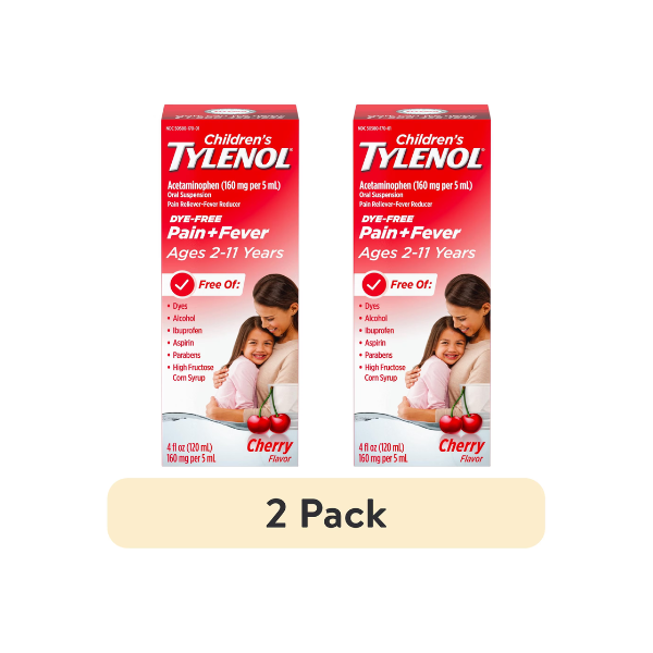 (2 pack) Children’s Tylenol Dye-Free, Oral Suspension, Pain Relief and Fever Reducer, Cherry Flavor 4 Fl oz