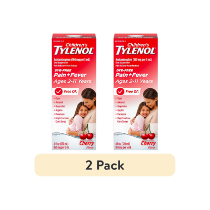 (2 pack) Children’s Tylenol Dye-Free, Oral Suspension, Pain Relief and Fever Reducer, Cherry Flavor 4 Fl oz