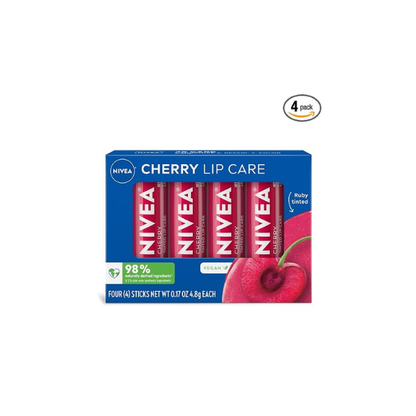 NIVEA Cherry Lip Care, Tinted Lip Balms with Shea Butter, 4 x 0.17 OZ