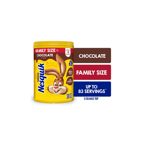 Nestle Nesquik Chocolate Flavor Powder Stir In Drink Mix Canister, 38 oz Canister, 83 Servings