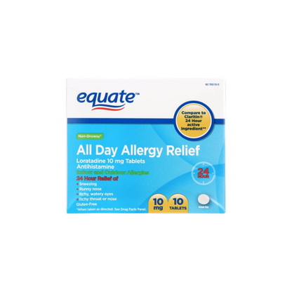 Equate Non-Drowsy All Day Allergy Relief Loratadine 10 mg Tablets Antihistamine, 10 Count, Compare to ClaritinÂ 24 Hour Active Ingredient