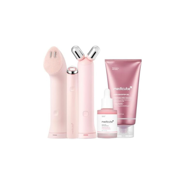 medicube All-in-One Skin Booster Device & Skincare Set (Pink): Mini Booster Pro Plus Full Facial Set, PDRN Peptide Serum, Booster Gel | 3-in-1 Korean Facial Device for Cleansing, Firming, Hydrating