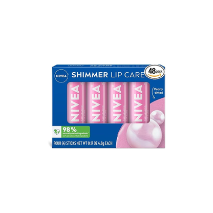 NIVEA Shimmer Lip Care, Shimmery Lip Balm Pack with Shea Butter, Nourishing Oils and Vitamin C & E, 3-in-1 Moisture, Repair and Shimmer, 0.17 Oz Stick (Pack of 48)