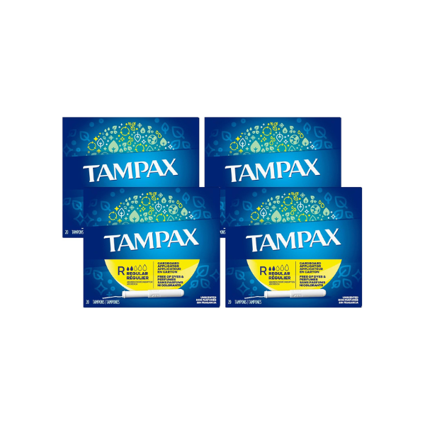 Tampax Cardboard Applicator Tampons, Regular Absorbency, 20 Count, Pack of 4
