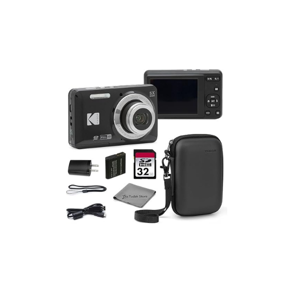 Kodak PIXPRO FZ55 Black 16MP CMOS Sensor Digital Camera 5X Optical Zoom 28mm Wide Angle 1080P Full HD Video 2.7" LCD Vlogging Camera Bundle with Tudak Compatible Case, 32GB SD Card & Microfiber Cloth