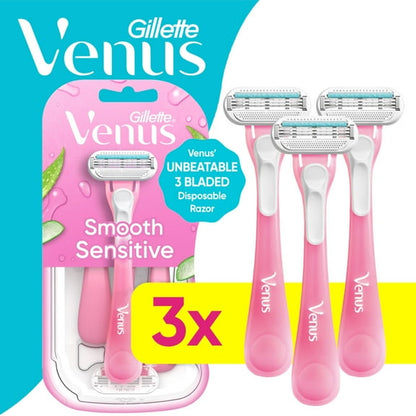(2 pack) Venus Sensitive Women's 3 Blade Disposable Razor, 3 count, Pink