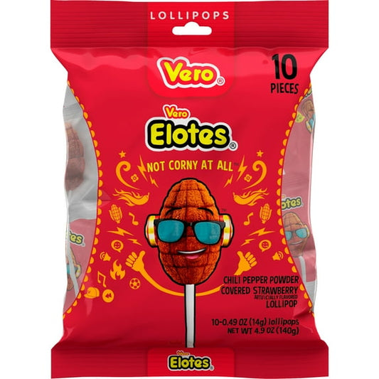 Dulces Vero Elotes Strawberry Candy Lollipops with Chili Pepper Powder, 10 Count Bag