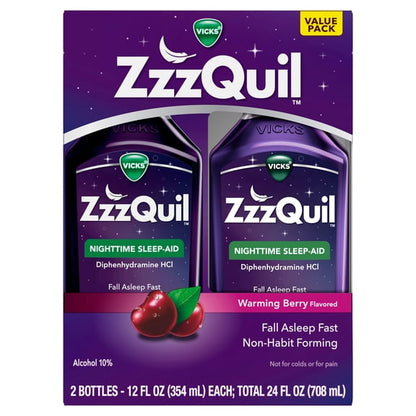 (2 pack) ZzzQuil Liquid Sleep Aid, Diphenhydramine 50mg HCl, Warming Berry Flavored, 2 Pack, 24 fl oz